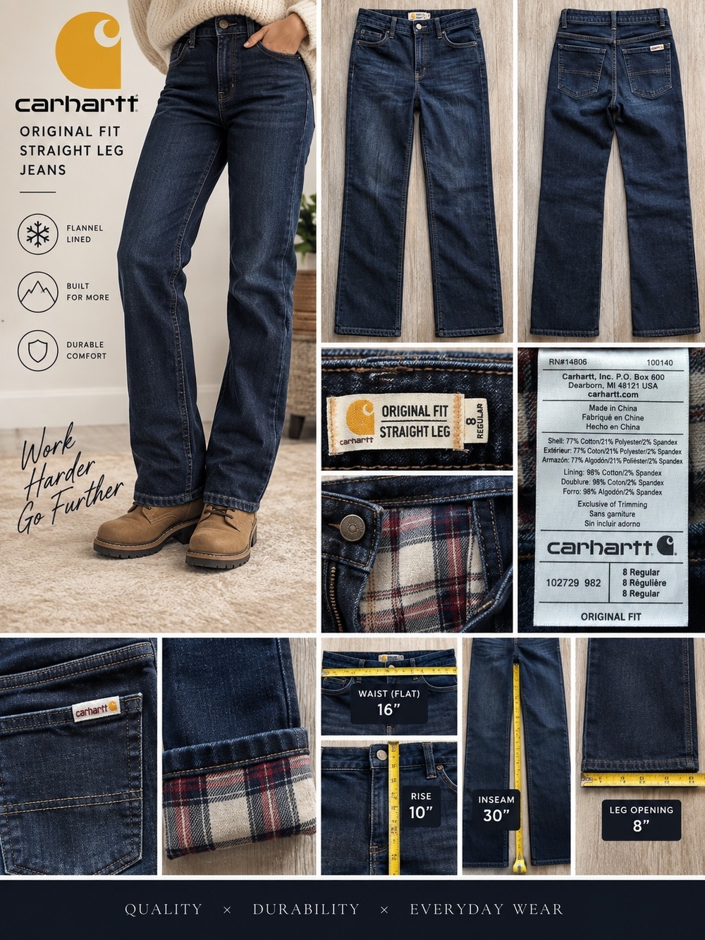 Carhartt Flannel Lined Straight Leg Jeans Women’s 8
